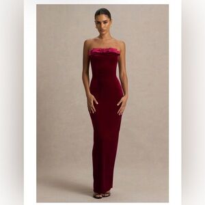 Illusion Burgundy Velvet Bandeau Maxi Dress With Bow Detail